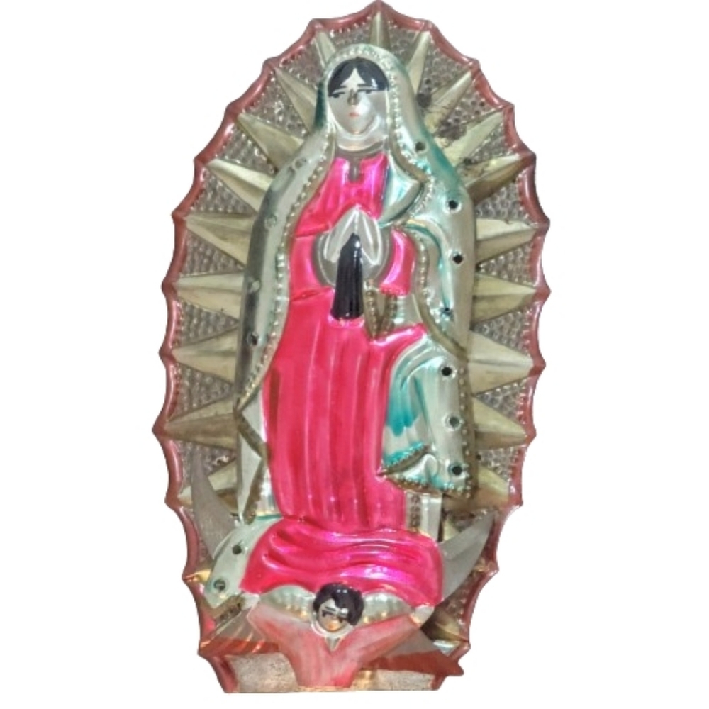 Candle Holder Guadalupe Painted Tin, Assorted Colors 5.5 Inches Long, Mexico